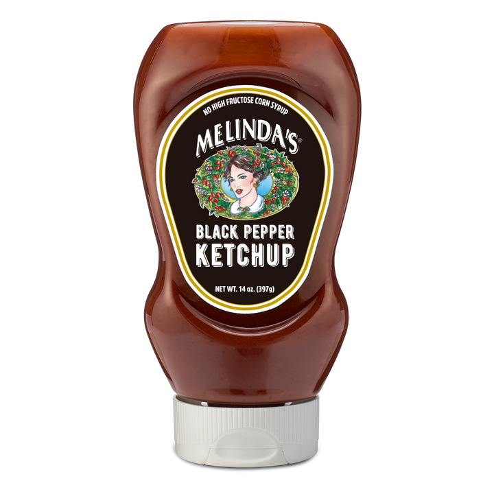 Melinda's Black Pepper Ketchup bottle, 14 oz, with dark brown ketchup and black label featuring woman's portrait