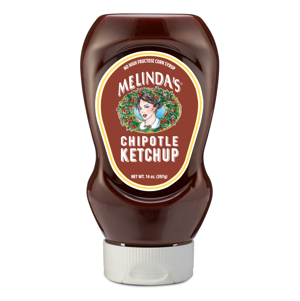 Melinda's Chipotle Ketchup squeeze bottle with brown label featuring woman's portrait, 14 oz size, no high fructose corn...