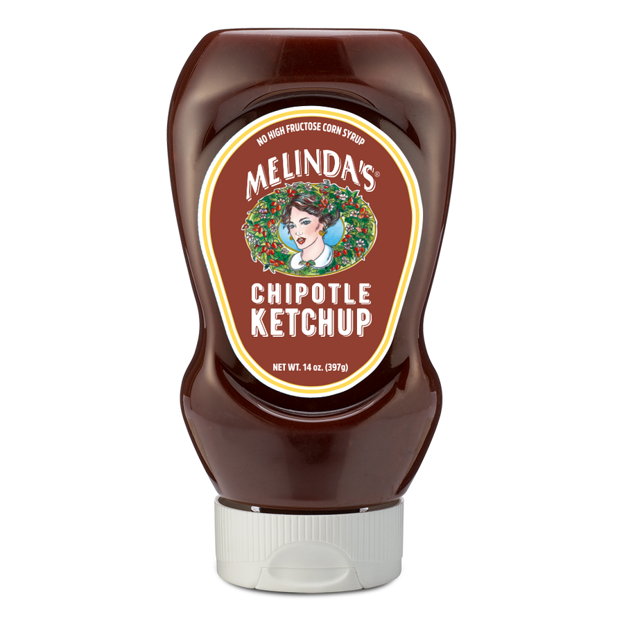 Melinda's Chipotle Ketchup squeeze bottle with brown label featuring woman's portrait, 14 oz size, no high fructose corn...