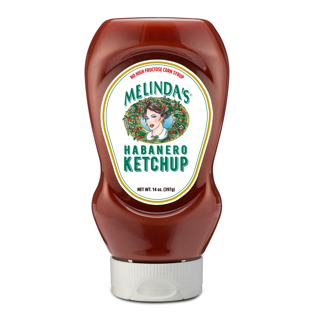 Melinda's Habanero Ketchup bottle with red-brown ketchup, white label featuring woman's portrait, 14 oz squeeze bottle