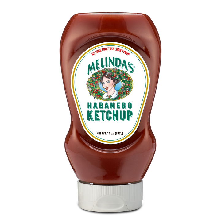 Melinda's Habanero Ketchup bottle with red-brown ketchup, white label featuring woman's portrait, 14 oz squeeze bottle