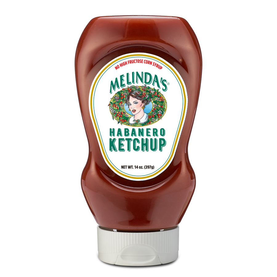Melinda's Habanero Ketchup bottle with red-brown ketchup, white label featuring woman's portrait, 14 oz squeeze bottle