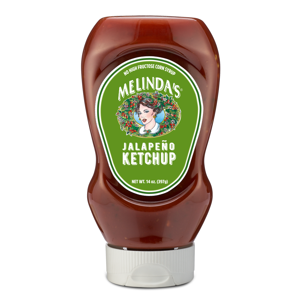 Melinda's Jalapeño Ketchup bottle with green label featuring woman's portrait, 14 oz squeeze bottle with white cap