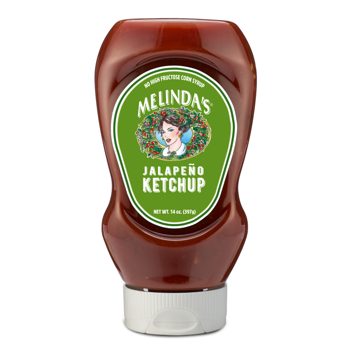 Melinda's Jalapeño Ketchup bottle with green label featuring woman's portrait, 14 oz squeeze bottle with white cap