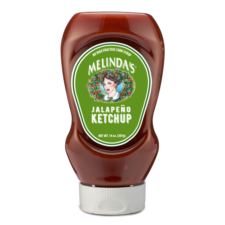 Melinda's Jalapeño Ketchup bottle with green label featuring woman's portrait, 14 oz squeeze bottle with white cap