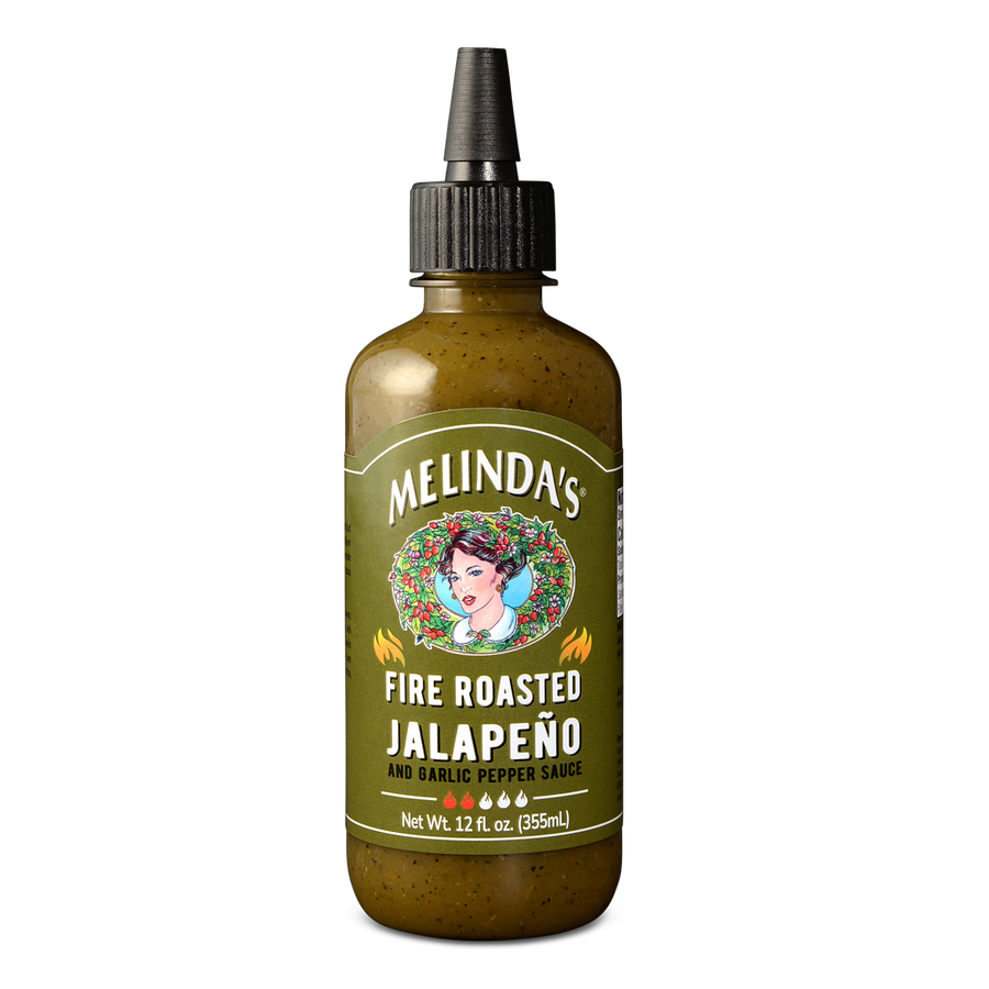 Melinda's Fire Roasted Jalapeño and Garlic Pepper Sauce bottle with green label and woman's portrait, 12 fl oz