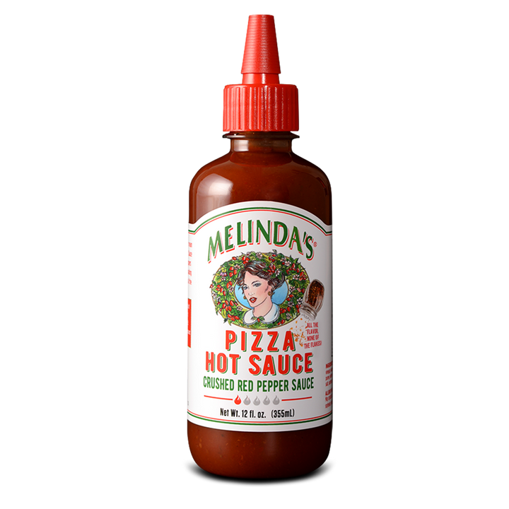 Melinda's Pizza Hot Sauce bottle with red cap, brown glass, white label featuring woman's portrait in wreath design, 12 fl oz