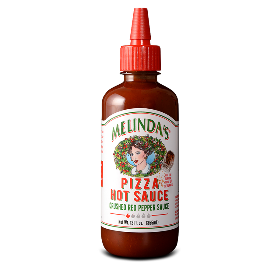 Melinda's Pizza Hot Sauce bottle with red cap, brown glass, white label featuring woman's portrait in wreath design, 12 fl oz