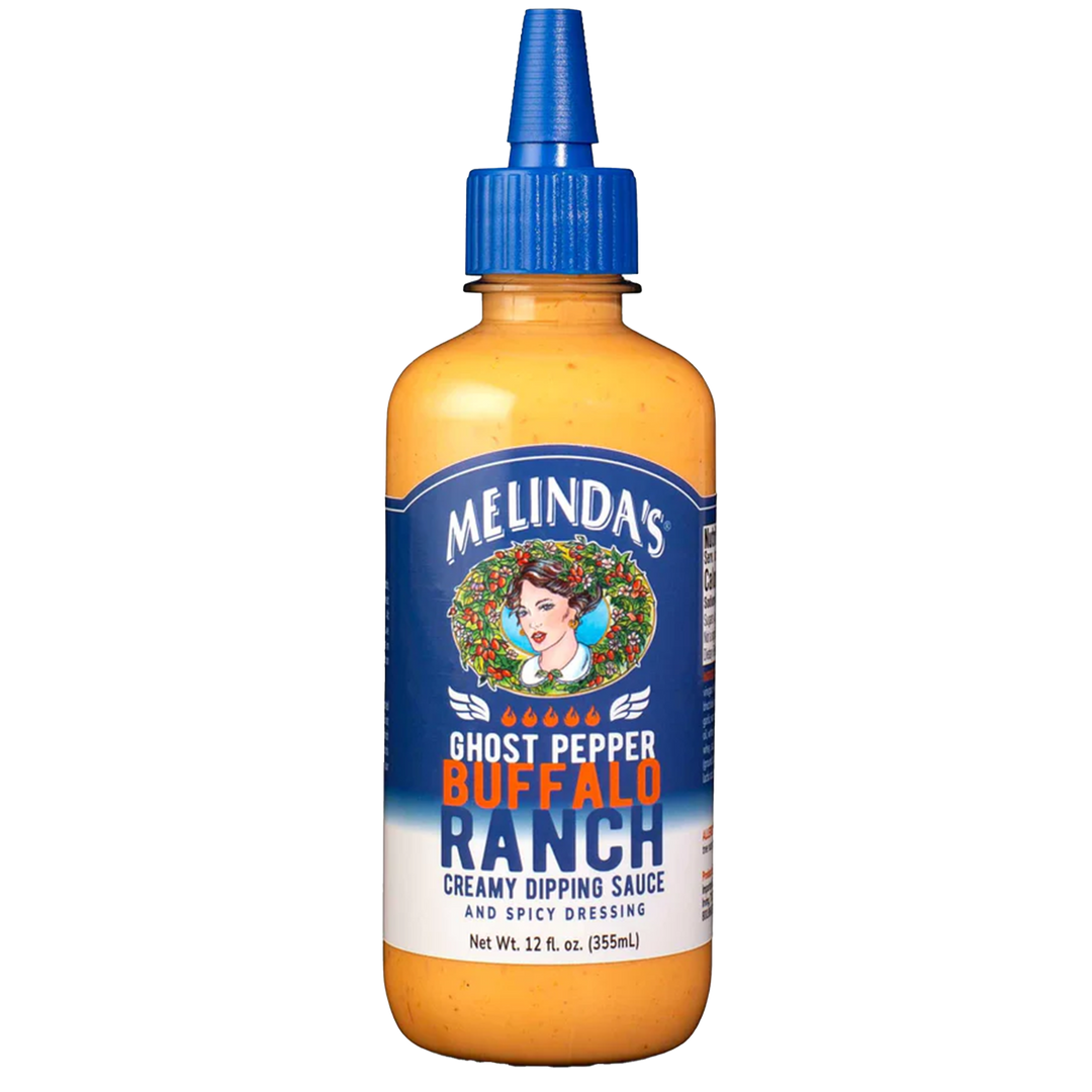 Melinda's Ghost Pepper Buffalo Ranch sauce bottle with orange creamy contents and blue squeeze cap, 12 fl oz