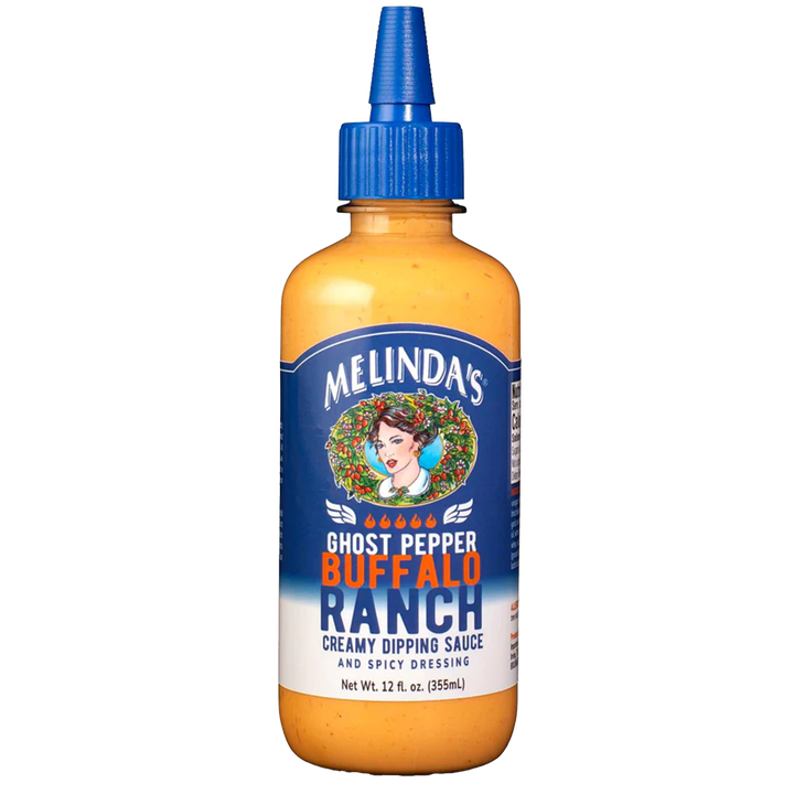 Melinda's Ghost Pepper Buffalo Ranch sauce bottle with orange creamy contents and blue squeeze cap, 12 fl oz