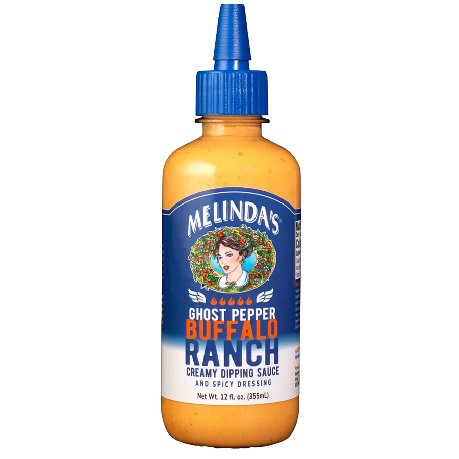 Melinda's Ghost Pepper Buffalo Ranch sauce bottle with orange creamy contents and blue squeeze cap, 12 fl oz