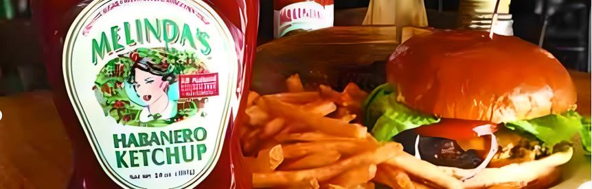 Bottle of Melinda's Habanero Ketchup next to a burger and sweet potato fries on a wooden table