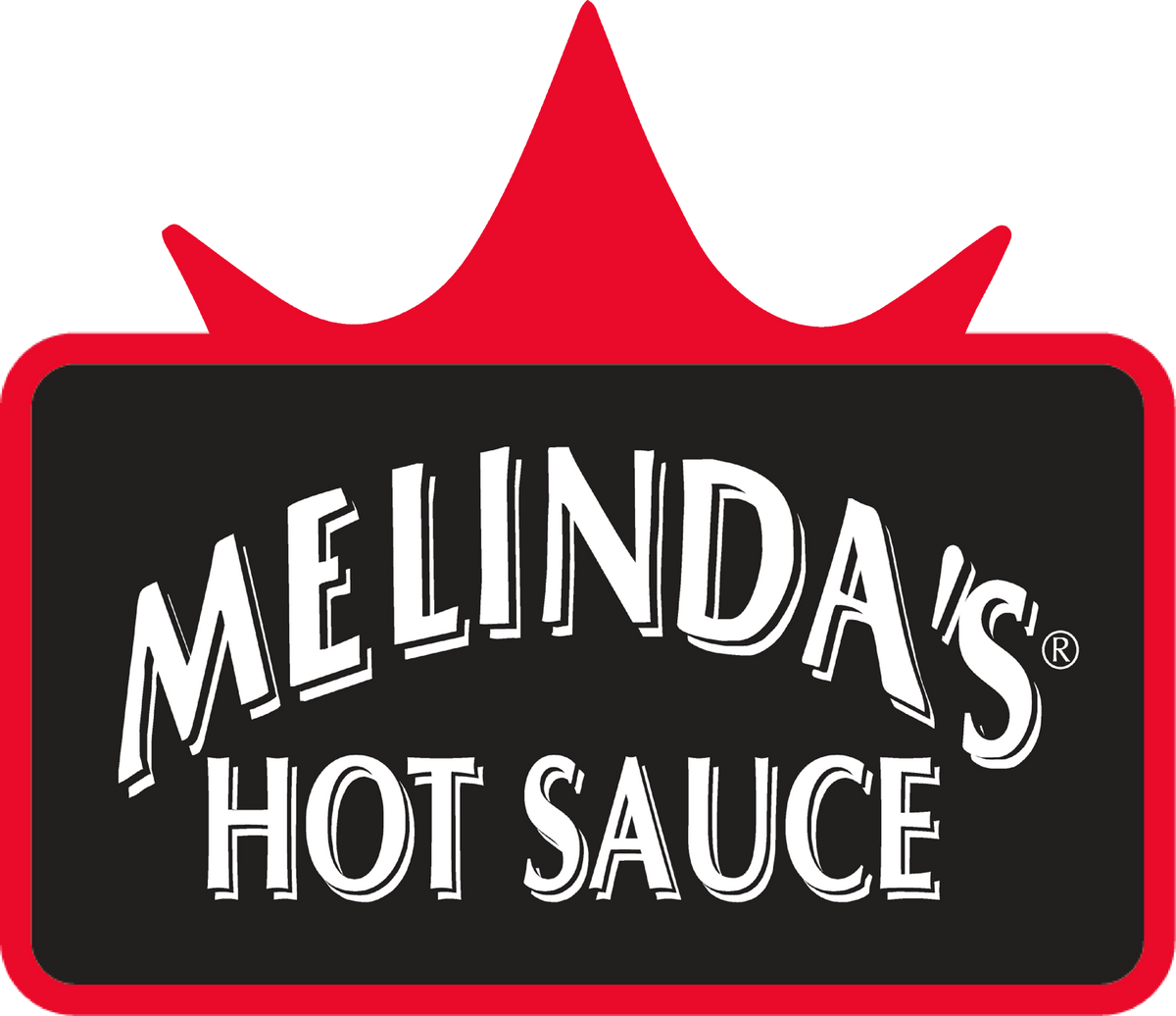 Melinda's Hot Sauce logo with white text on black background surrounded by red crown-shaped border