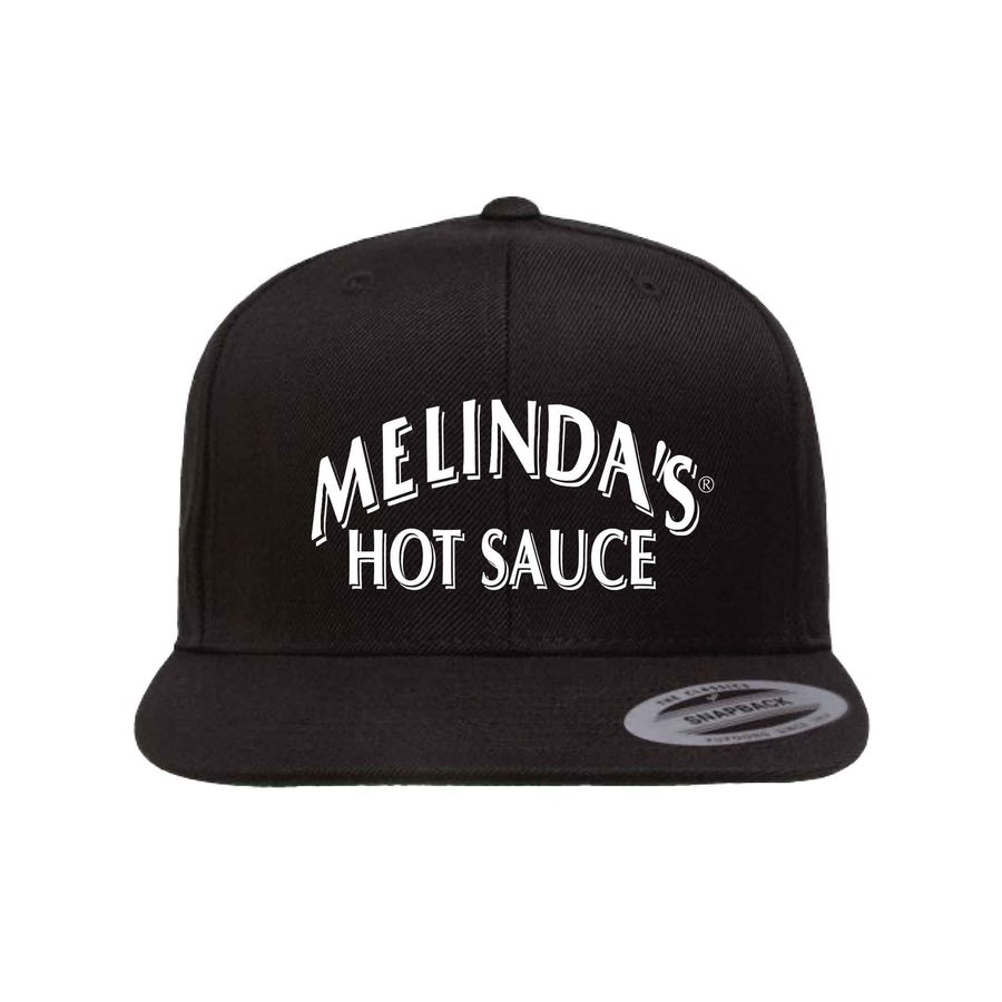 Black snapback hat with white "MELINDA'S HOT SAUCE" text embroidered on front panel