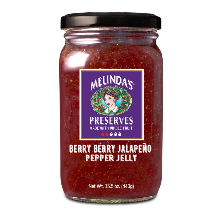Jar of Melinda's Berry Berry Jalapeño Pepper Jelly preserve with purple label and black lid, 15.5 oz size