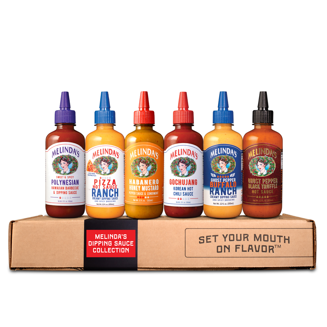 MELINDA'S SWEET & SPICY POLYNESIAN HAWAIIAN BARBECUE & DIPPING SAUCE. MELINDA'S PIZZA HOT SAUCE RANCH CREAMY DIPPING SAUCE. MELINDA'S HABANERO HONEY MUSTARD PEPPER SAUCE & CONDIMENT. MELINDA'S GOCHUJANG KOREAN HOT CHILI SAUCE. MELINDA'S GHOST PEPPER BUFFALO RANCH CREAMY DIPPING SAUCE. MELINDA'S GHOST PEPPER BLACK TRUFFLE HOT SAUCE. MELINDA'S DIPPING SAUCE COLLECTION. SET YOUR MOUTH ON FLAVOR™