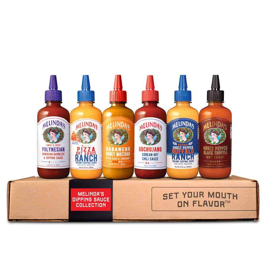 MELINDA'S SWEET & SPICY POLYNESIAN HAWAIIAN BARBECUE & DIPPING SAUCE. MELINDA'S PIZZA HOT SAUCE RANCH CREAMY DIPPING SAUCE. MELINDA'S HABANERO HONEY MUSTARD PEPPER SAUCE & CONDIMENT. MELINDA'S GOCHUJANG KOREAN HOT CHILI SAUCE. MELINDA'S GHOST PEPPER BUFFALO RANCH CREAMY DIPPING SAUCE. MELINDA'S GHOST PEPPER BLACK TRUFFLE HOT SAUCE. MELINDA'S DIPPING SAUCE COLLECTION. SET YOUR MOUTH ON FLAVOR™
