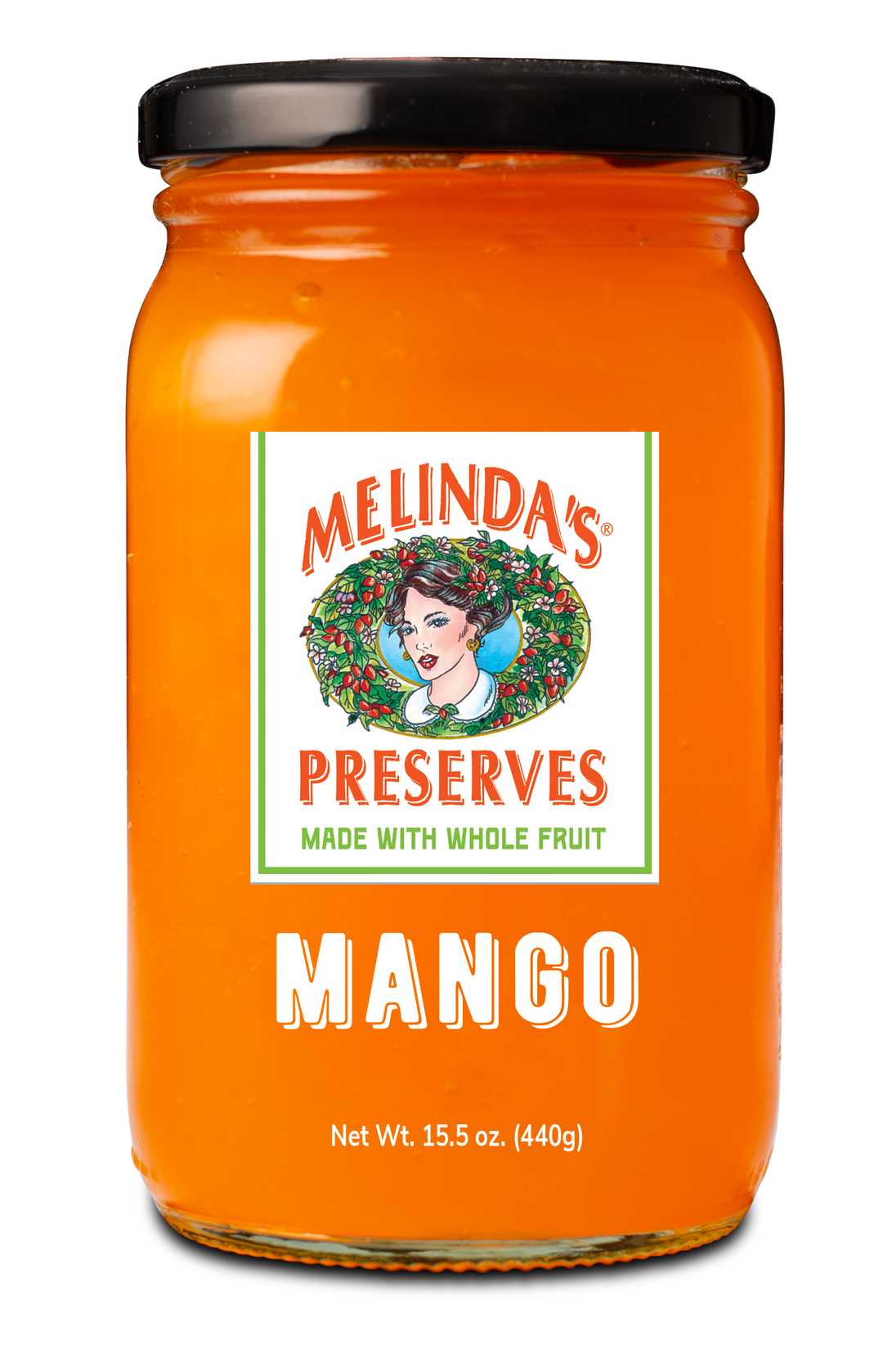 Melinda's Mango Preserves jar with orange contents, black lid, and white label featuring woman's portrait in fruit wreath