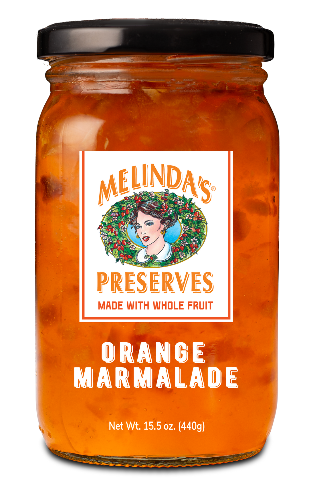 Melinda's Orange Marmalade preserve jar with black lid, orange contents visible, white label featuring woman's portrait