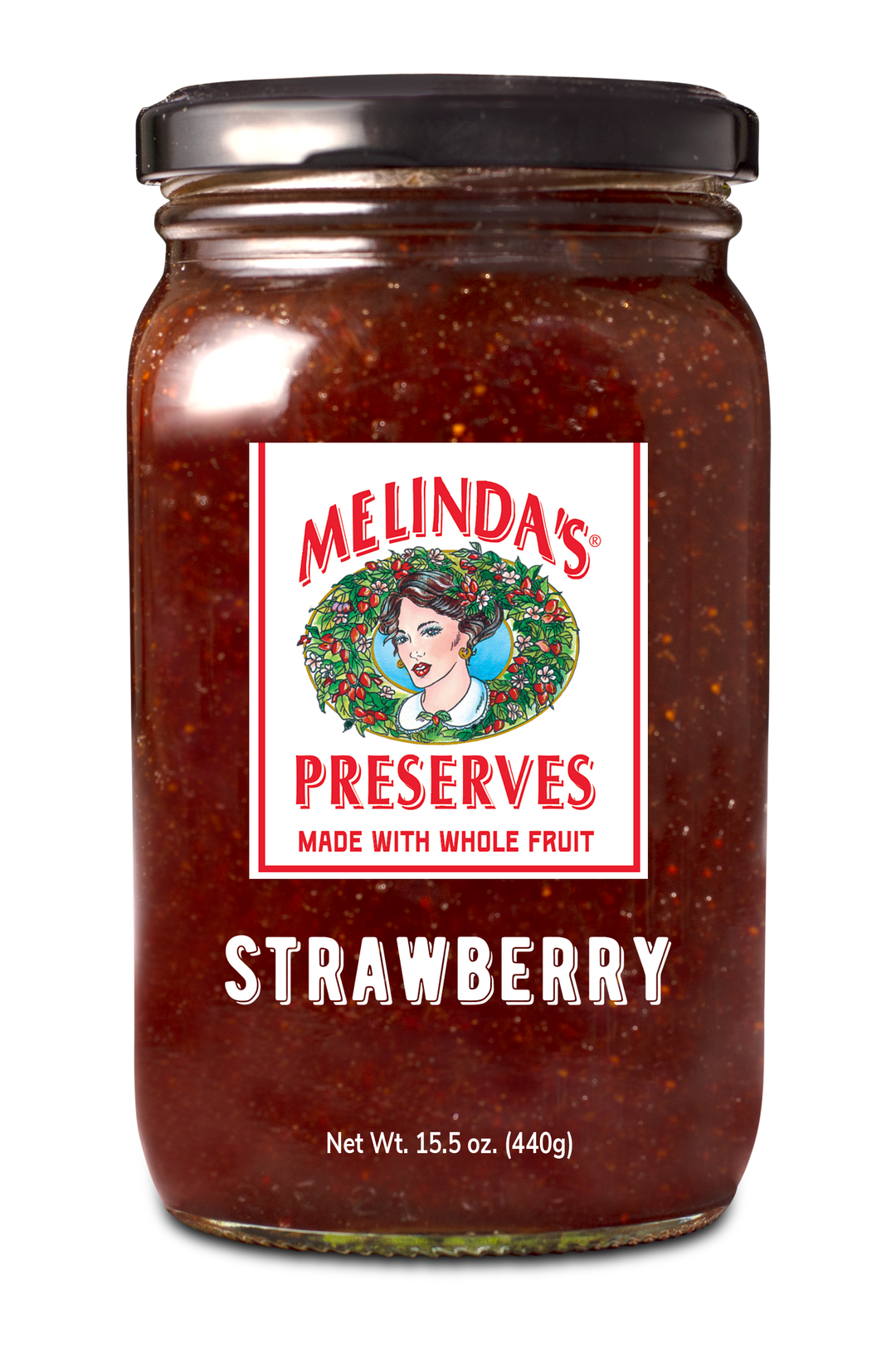 Melinda's Strawberry Preserves jar with red and white label featuring woman's portrait in floral wreath, 15.5 oz size
