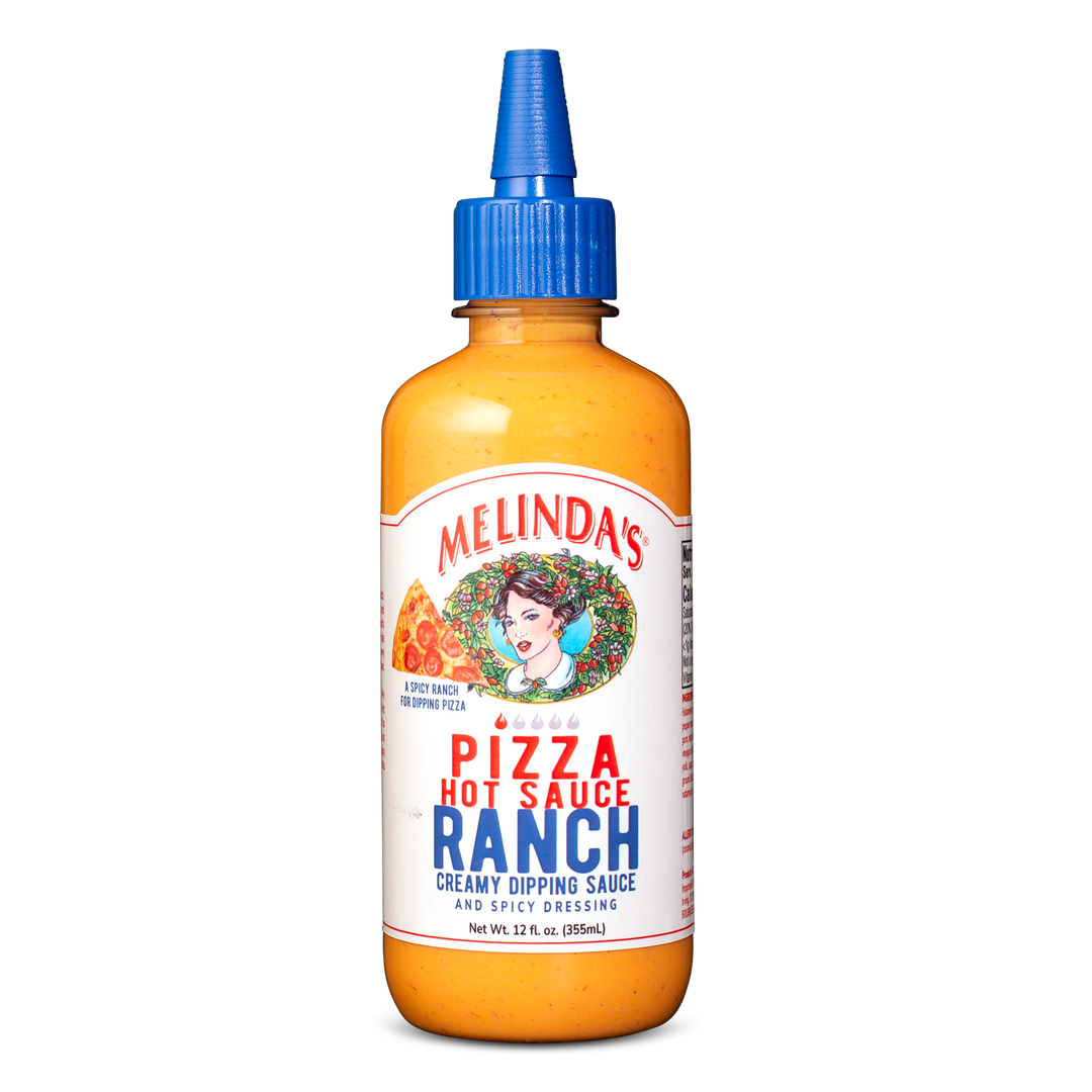 Melinda's Pizza Hot Sauce Ranch bottle with orange sauce, blue cap, and white label featuring woman's portrait