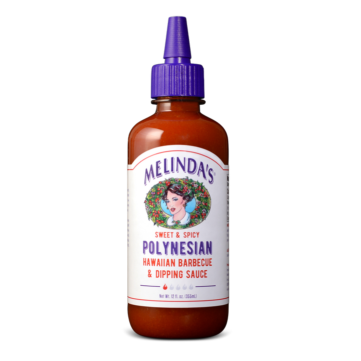 Brown glass bottle with purple cap containing Melinda's Sweet & Spicy Polynesian Hawaiian Barbecue & Dipping Sauce, 12 fl oz