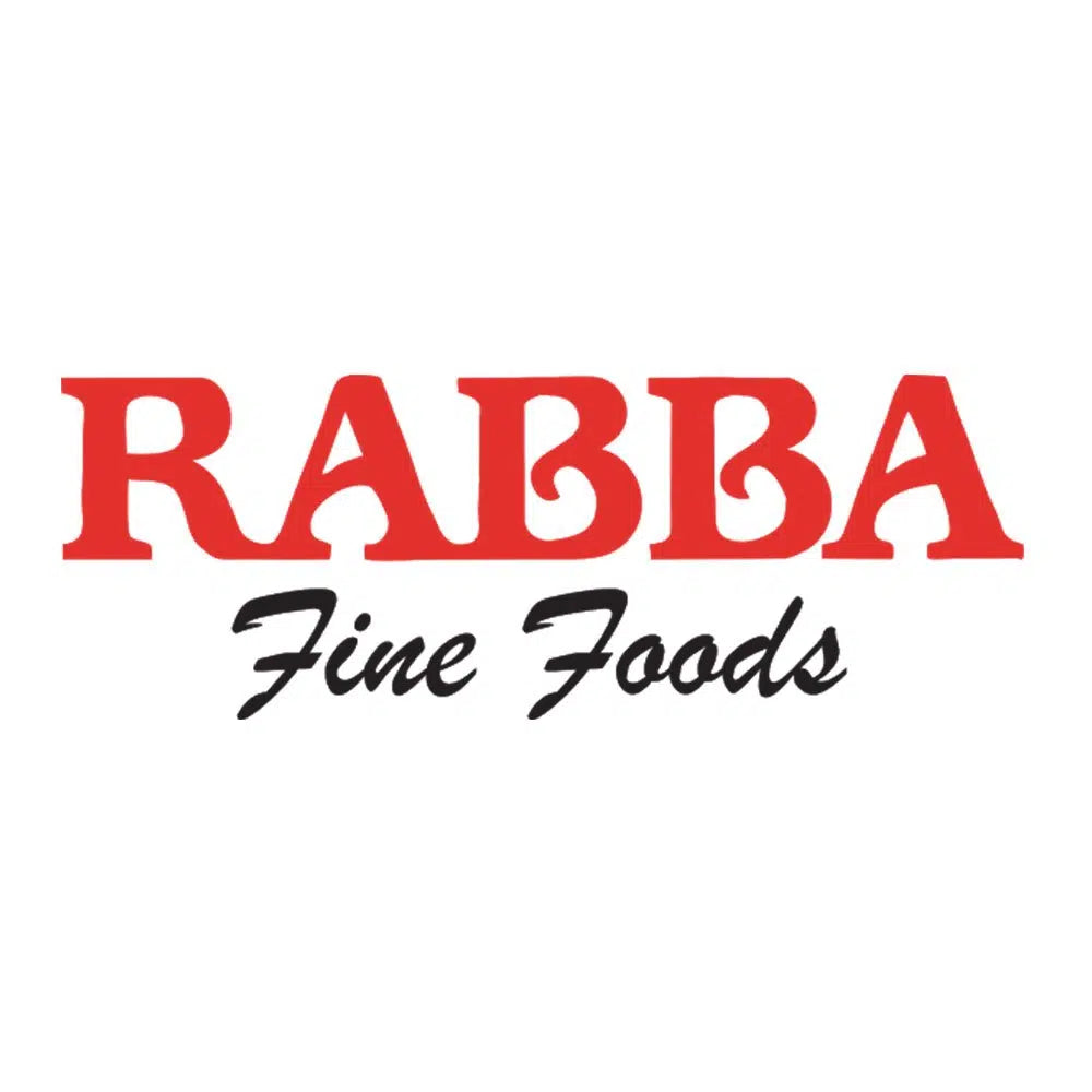 RABBA Fine Foods logo with red text and black script lettering