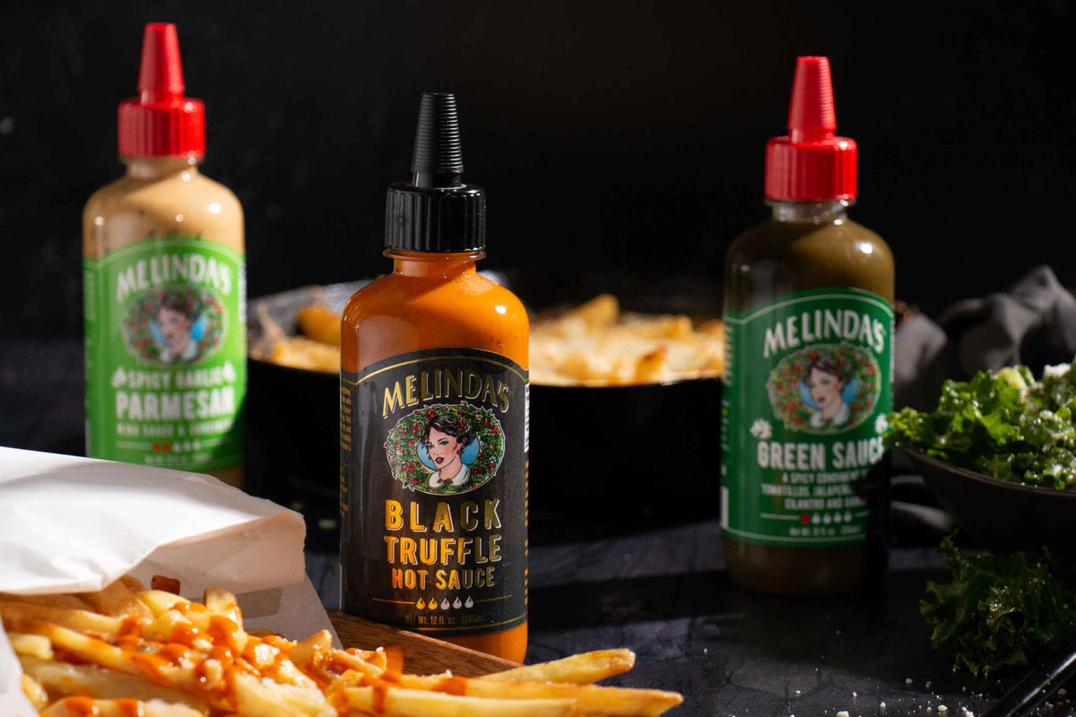 MELINDA'S. AGED HABANERO PARMESAN. MELINDA'S. BLACK TRUFFLE HOT SAUCE. MELINDA'S. GREEN SAUCE