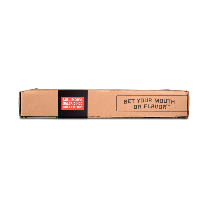 Brown cardboard shipping box with black band reading "MELINDA'S SALSA CINCO COLLECTION" and "SET YOUR MOUTH ON FLAVOR" text