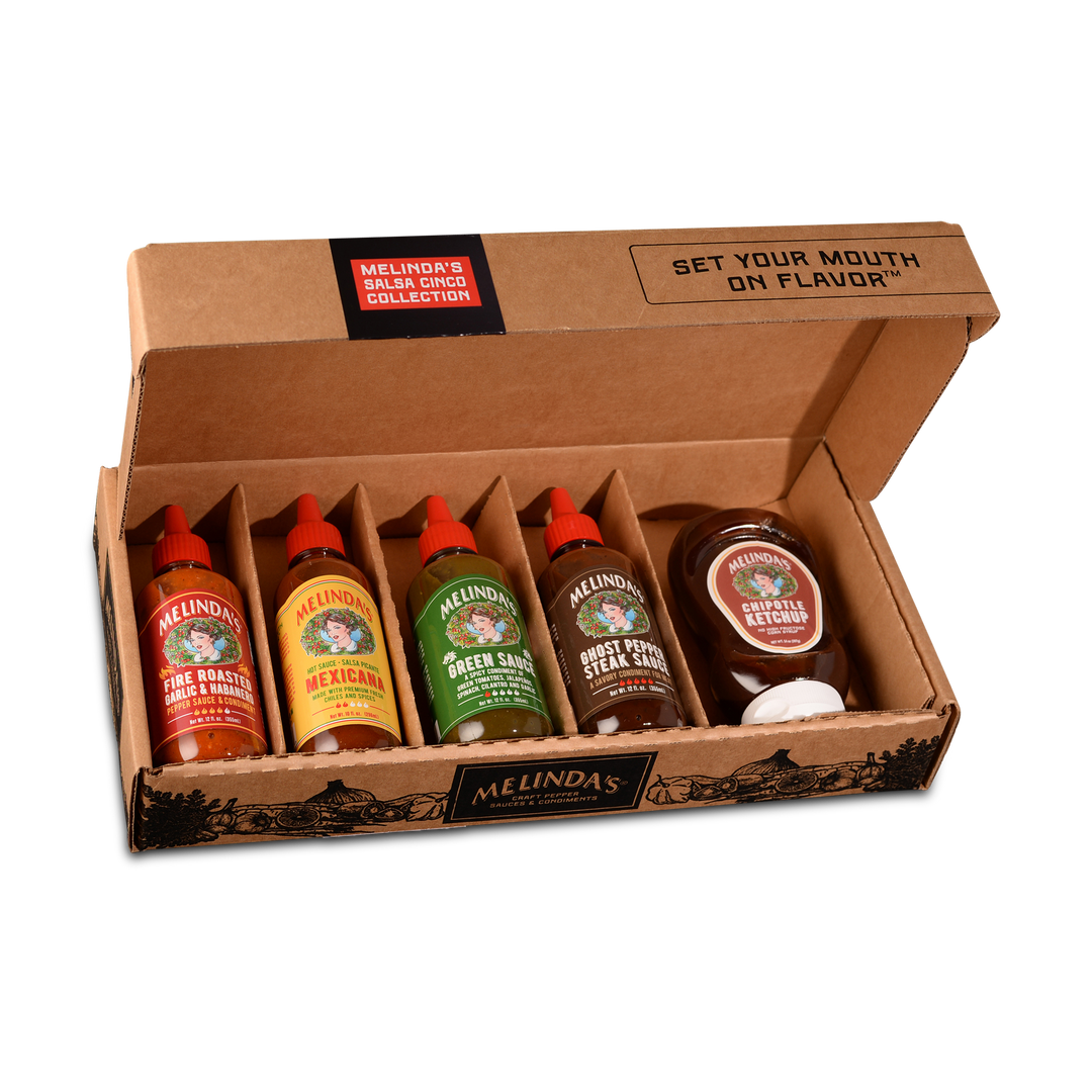 Melinda's Salsa Cinco Collection gift box containing five hot sauce bottles in cardboard packaging with company branding