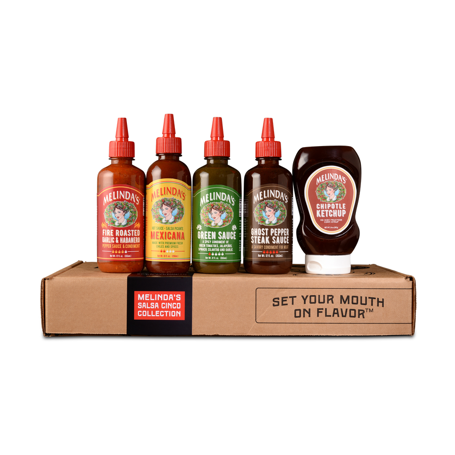 Melinda's Salsa Cinco Collection gift box containing five hot sauce bottles with red caps and one chipotle ketchup bottle