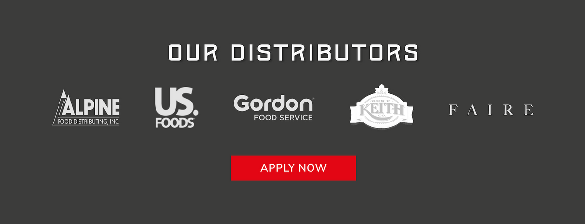 Five distributor company logos displayed on dark background with red "APPLY NOW" button below for partnership applications