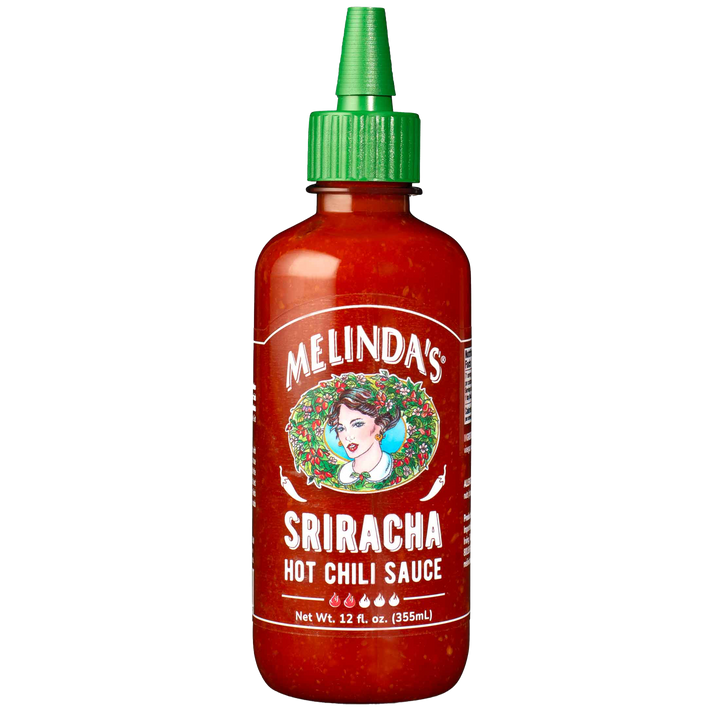 Melinda's Sriracha Hot Chili Sauce bottle with red label, green cap, and woman's portrait logo, 12 fl oz size