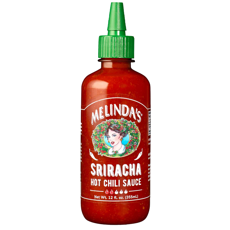 Melinda's Sriracha Hot Chili Sauce bottle with red label, green cap, and woman's portrait logo, 12 fl oz size