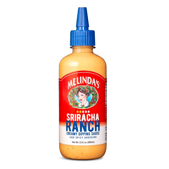 Melinda's Sriracha Ranch creamy dipping sauce bottle with orange sauce, red label, blue cap, 12 fl oz size
