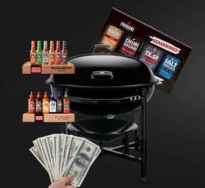 Black kettle grill with Melinda's hot sauce bottles, seasoning packets, and cash fanned out, suggesting a grilling prize...