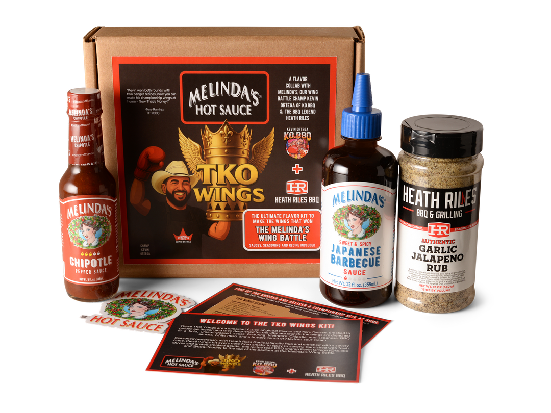 MELINDA'S HOT SAUCE. TKO WINGS. A FLAVOR COLLAB WITH MELINDA'S OUR WING BATTLE CHAMP KEVIN ORTEGA OF KO BBQ & THE BBQ LEGEND HEATH RILES. KEVIN ORTEGA KO BBQ. HR HEATH RILES BBQ. THE ULTIMATE FLAVOR KIT TO MAKE THE WINGS THAT WON THE MELINDA'S WING BATTLE. SAUCES, SEASONING AND RECIPE INCLUDED. MELINDA'S CHIPOTLE PEPPER SAUCE. MELINDA'S SWEET & SPICY JAPANESE BARBECUE SAUCE. HEATH RILES BBQ & GRILLING AUTHENTIC GARLIC JALAPEÑO RUB. MELINDA'S HOT SAUCE. WELCOME TO THE TKO WINGS KIT!