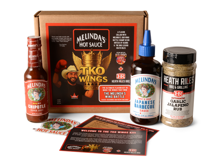 MELINDA'S HOT SAUCE. TKO WINGS. A FLAVOR COLLAB WITH MELINDA'S OUR WING BATTLE CHAMP KEVIN ORTEGA OF KO BBQ & THE BBQ LEGEND HEATH RILES. KEVIN ORTEGA KO BBQ. HR HEATH RILES BBQ. THE ULTIMATE FLAVOR KIT TO MAKE THE WINGS THAT WON THE MELINDA'S WING BATTLE. SAUCES, SEASONING AND RECIPE INCLUDED. MELINDA'S CHIPOTLE PEPPER SAUCE. MELINDA'S SWEET & SPICY JAPANESE BARBECUE SAUCE. HEATH RILES BBQ & GRILLING AUTHENTIC GARLIC JALAPEÑO RUB. MELINDA'S HOT SAUCE. WELCOME TO THE TKO WINGS KIT!