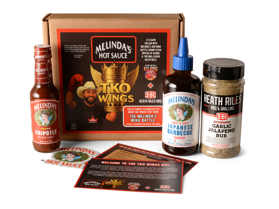 MELINDA'S HOT SAUCE. TKO WINGS. A FLAVOR COLLAB WITH MELINDA'S OUR WING BATTLE CHAMP KEVIN ORTEGA OF KO BBQ & THE BBQ LEGEND HEATH RILES. KEVIN ORTEGA KO BBQ. HR HEATH RILES BBQ. THE ULTIMATE FLAVOR KIT TO MAKE THE WINGS THAT WON THE MELINDA'S WING BATTLE. SAUCES, SEASONING AND RECIPE INCLUDED. MELINDA'S CHIPOTLE PEPPER SAUCE. MELINDA'S SWEET & SPICY JAPANESE BARBECUE SAUCE. HEATH RILES BBQ & GRILLING AUTHENTIC GARLIC JALAPEÑO RUB. MELINDA'S HOT SAUCE. WELCOME TO THE TKO WINGS KIT!