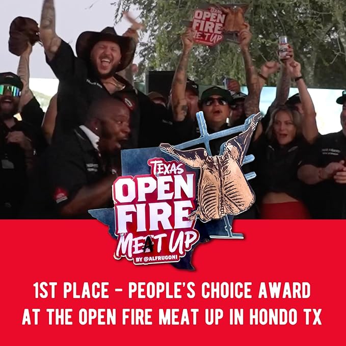 Crowd celebrating at Texas Open Fire Meat Up competition with trophy and "1st Place People's Choice Award" text overlay