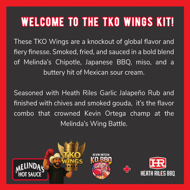 TKO Wings Kit promotional graphic featuring Melinda's Hot Sauce, Kevin Ortega KO BBQ, and Heath Riles BBQ logos on red...