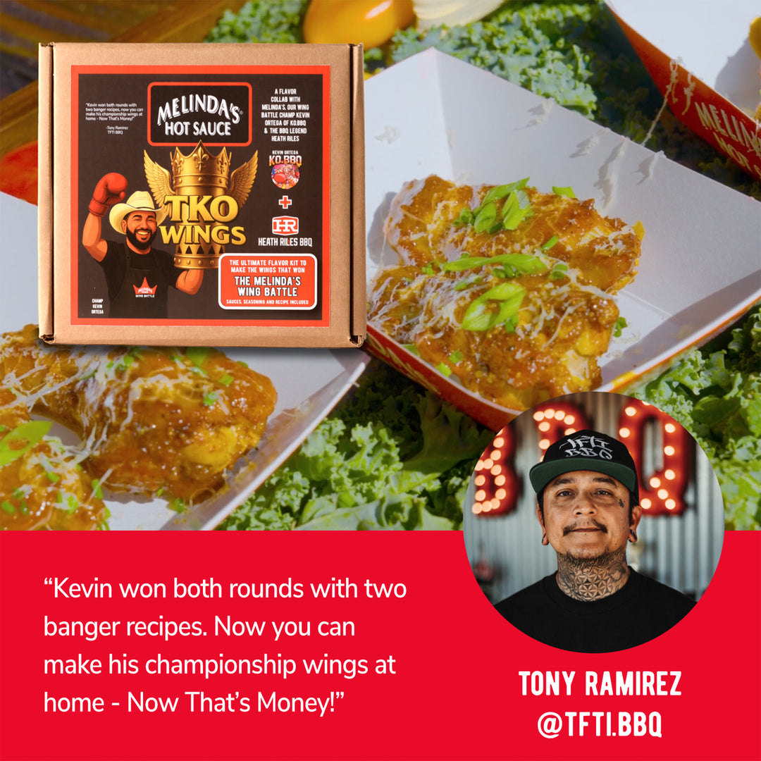 TKO Wings hot sauce kit box next to glazed chicken wings with photo of Tony Ramirez and quote about championship wings
