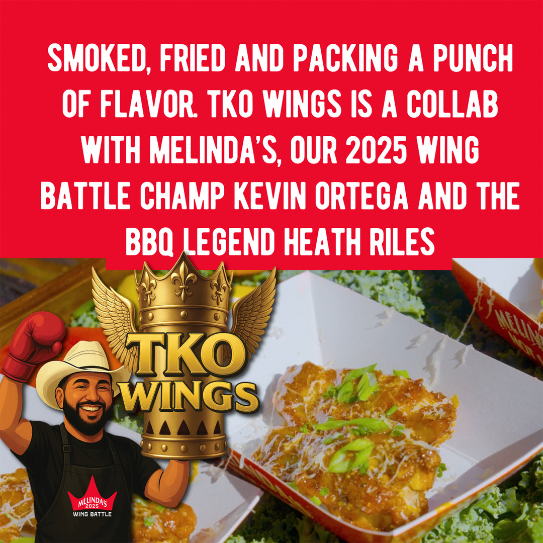 TKO Wings logo with crowned boxing gloves and smiling chef, featuring golden-sauced wings in takeout container