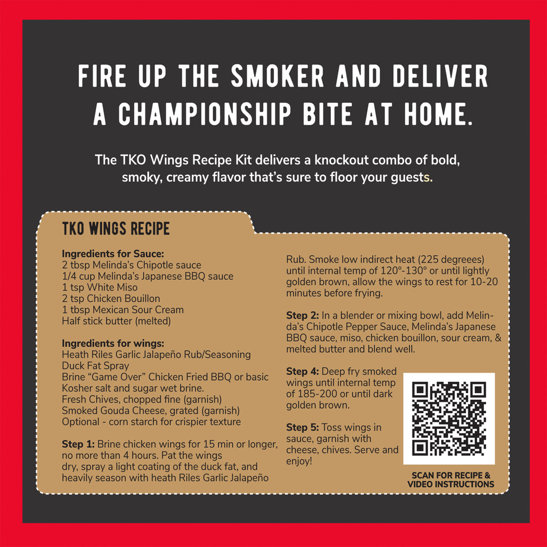 Recipe card for TKO Wings with ingredients, cooking instructions, and QR code on red and black background