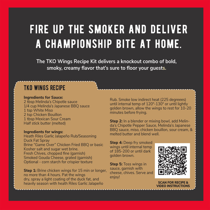 Recipe card for TKO Wings with ingredients, cooking instructions, and QR code on red and black background