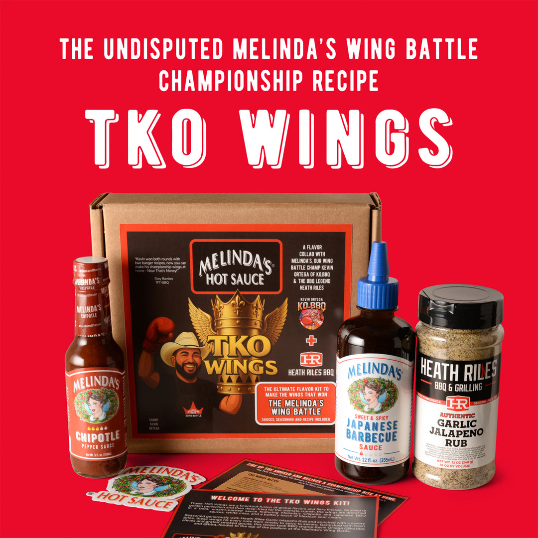 THE UNDISPUTED MELINDA'S WING BATTLE CHAMPIONSHIP RECIPE. TKO WINGS. MELINDA'S HOT SAUCE. A FLAVOR COLLAB WITH MELINDA'S, BIG WIN BATTLE CHAMP KEVIN BLUDSO OF LULUBBQ & THE BBQ LEGEND HEATH RILES. KEVIN BLUDSO LULUBBQ. TKO WINGS. HEATH RILES BBQ. THE ULTIMATE FLAVOR KIT TO MAKE THE WINGS THAT WON THE MELINDA'S WING BATTLE. MELINDA'S CHIPOTLE PEPPER SAUCE. MELINDA'S SWEET & SPICY JAPANESE BARBECUE SAUCE. HEATH RILES BBQ & GRILLING AUTHENTIC GARLIC JALAPENO RUB. WELCOME TO THE TKO WINGS KIT!