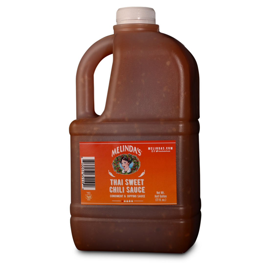 Large brown jug of Melinda's Thai Sweet Chili Sauce with orange label, white cap, and handle - half gallon size
