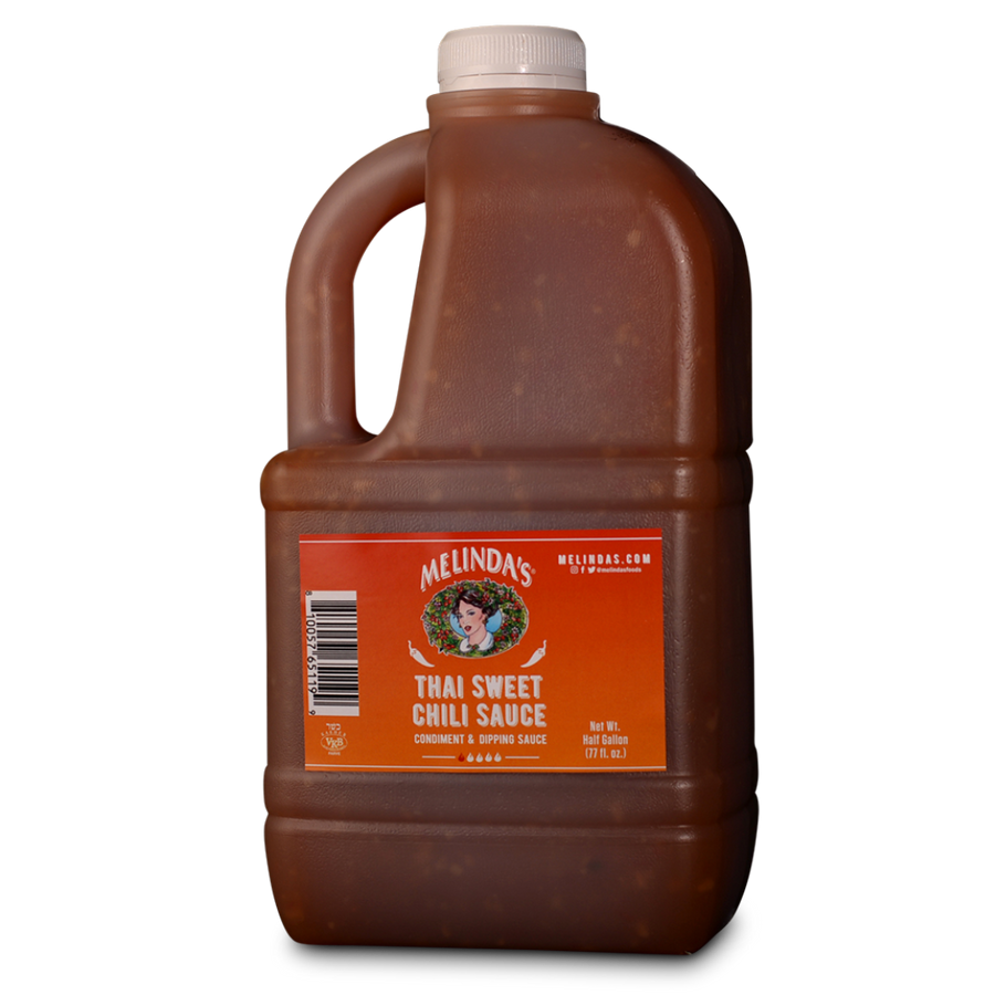 Large brown jug of Melinda's Thai Sweet Chili Sauce with orange label, white cap, and handle - half gallon size