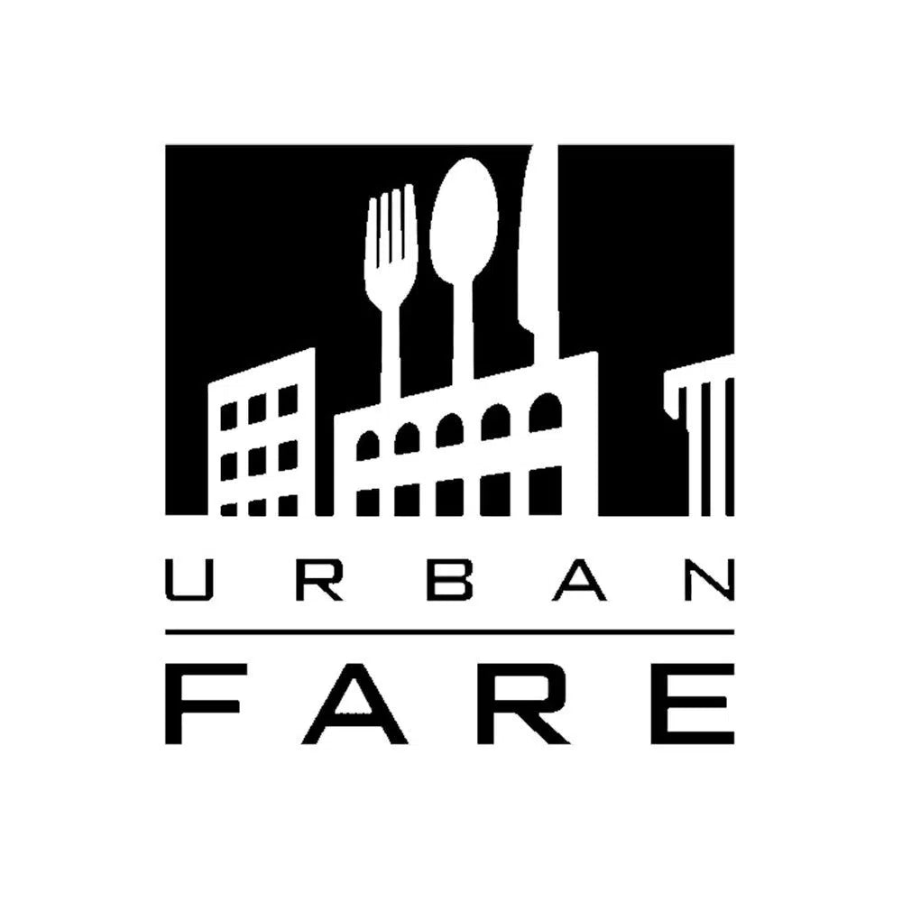 Urban Fare logo featuring black silhouette of city buildings with white fork and spoon emerging from central structure