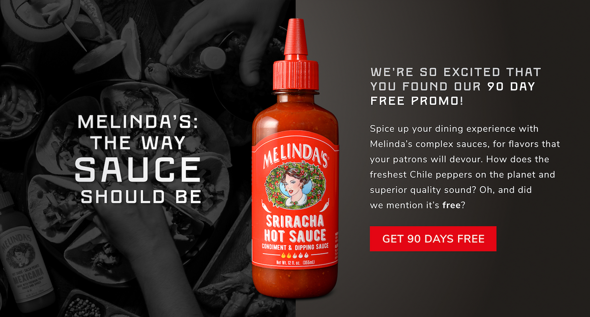 Melinda's Sriracha Hot Sauce bottle on dark background with food items, advertising 90-day free promotion offer